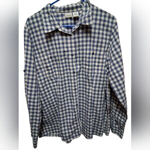 Womens LL Bean Navy And White Checkered Button Down Long Sleeved Shirt